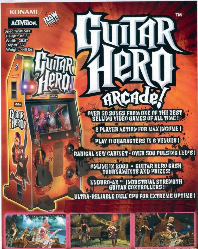 Guitar Hero Arcade Game | Coin Operated / Free Play Guitar Video Arcade Machine Sales Flyer From Konami / Activision / Red Octane / Raw Thrills