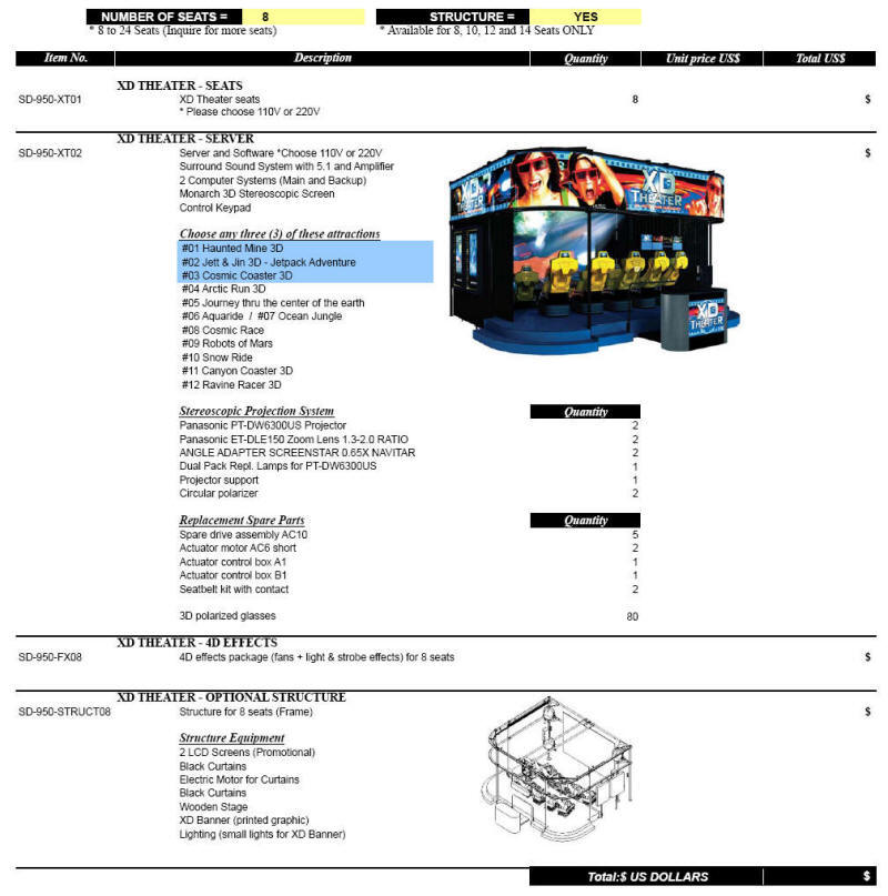 XD Theater - 3D Motion Theater Ride - Sample Quotation - 8 Seat Model